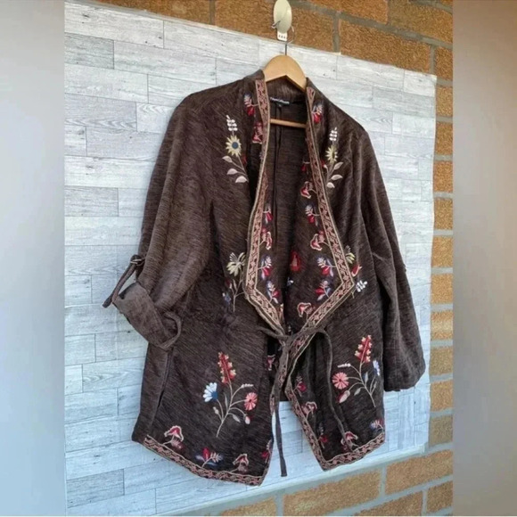 Tolani Collection Embroidered Jacket with Roll-Tab Sleeve - Brown XL - Picture 3 of 9